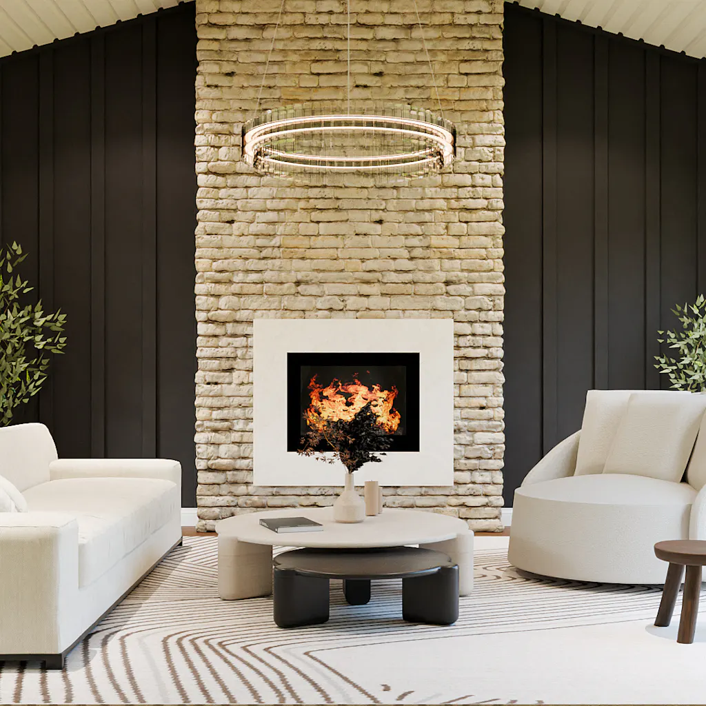The image of a modern living room with a high ceiling and large windows. The image puts the emphasis on the tall stone fireplace, flanked by dark vertical wood panels.