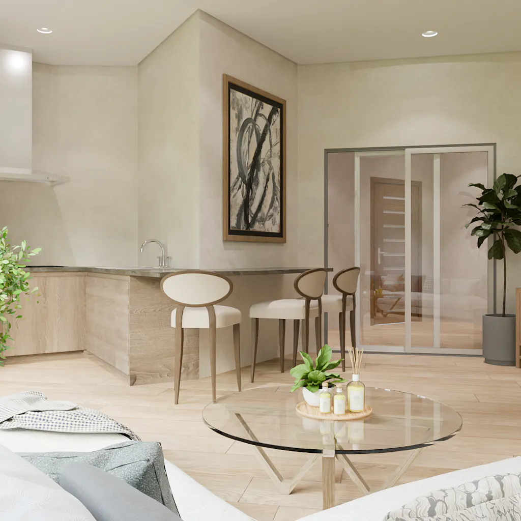 3D render of a living space where key architectural and design elements appear underrepresented, impacting the overall cohesiveness of the scene.