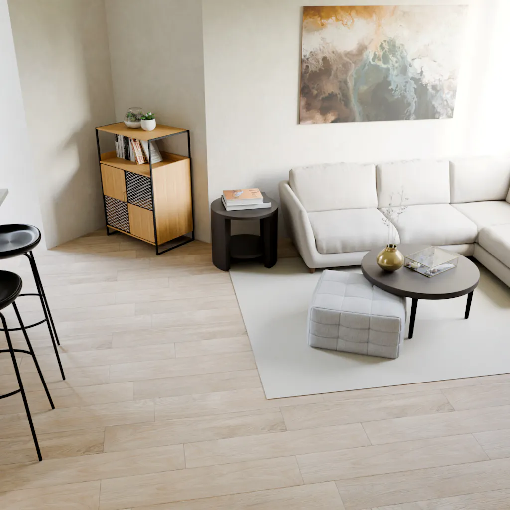 This 3D rendering of a living room uses a camera angle positioned above eye level, which results in an unnatural perspective that flattens the space and detracts from the room’s inviting atmosphere.