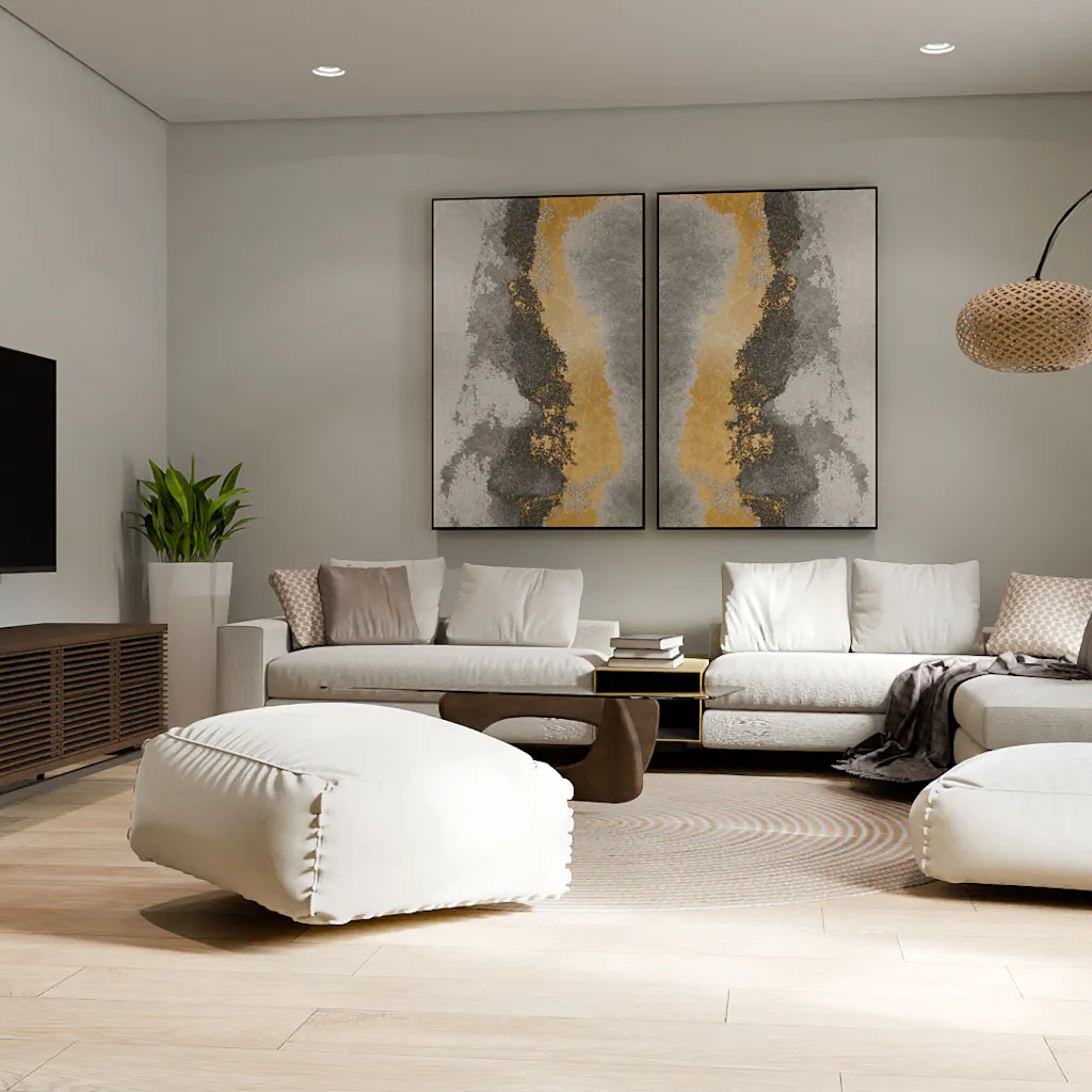 This 3D render of a living room features an issue with some furniture appearing to float, disrupting the spatial coherence and undermining the realism of the scene.