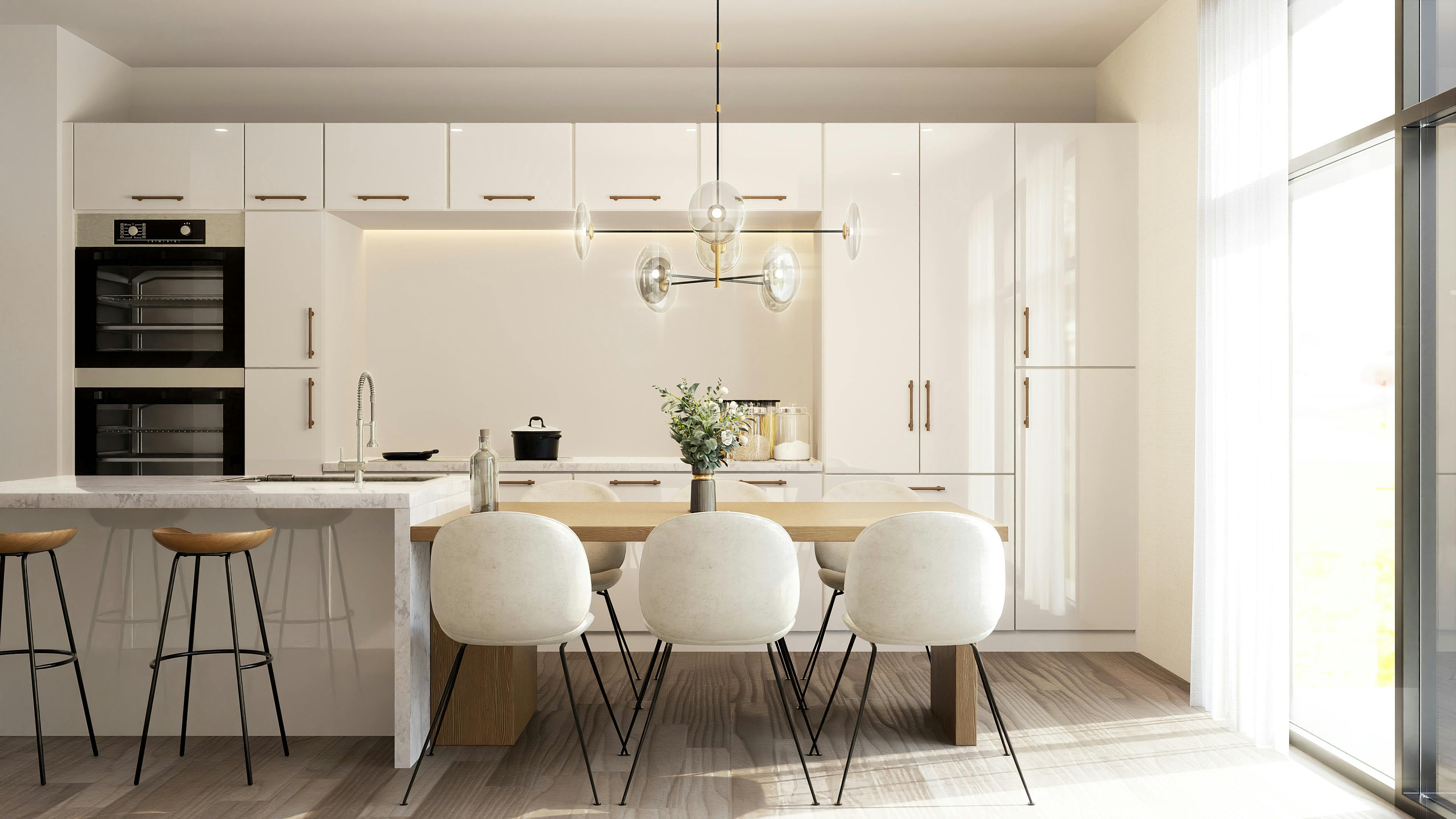 A rendering of a contemporary kitchen with white colored, bright and sunny interior