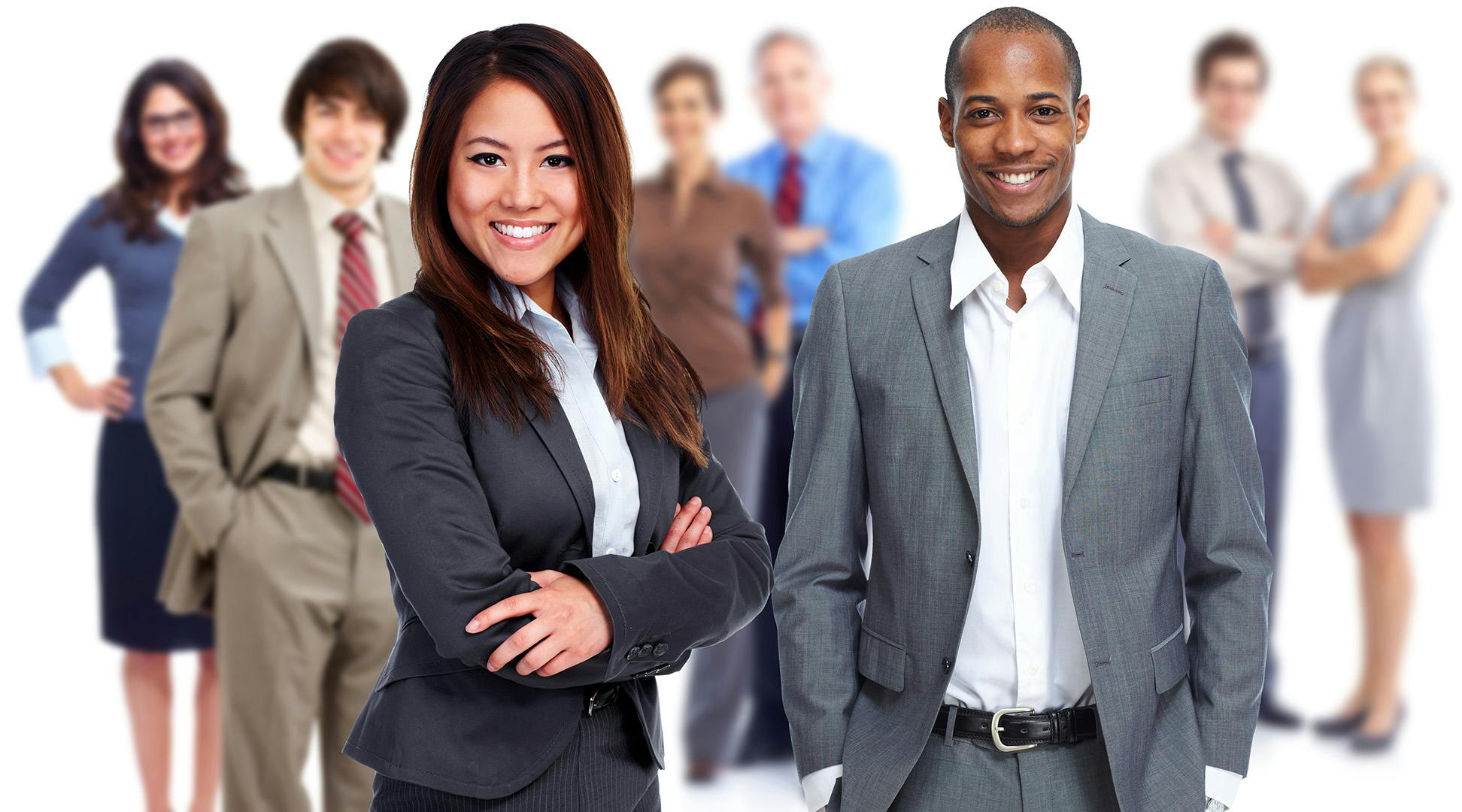 A group of realtors in their business suite looking straight at the camera in a white background