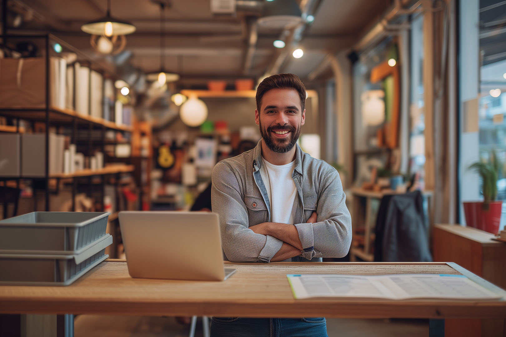 Happy Caucasian young male freelancer smiling while working in the laptop and seated in a charming place, vintage lighting interior, smiling boy wearing casual dress and looking at camera