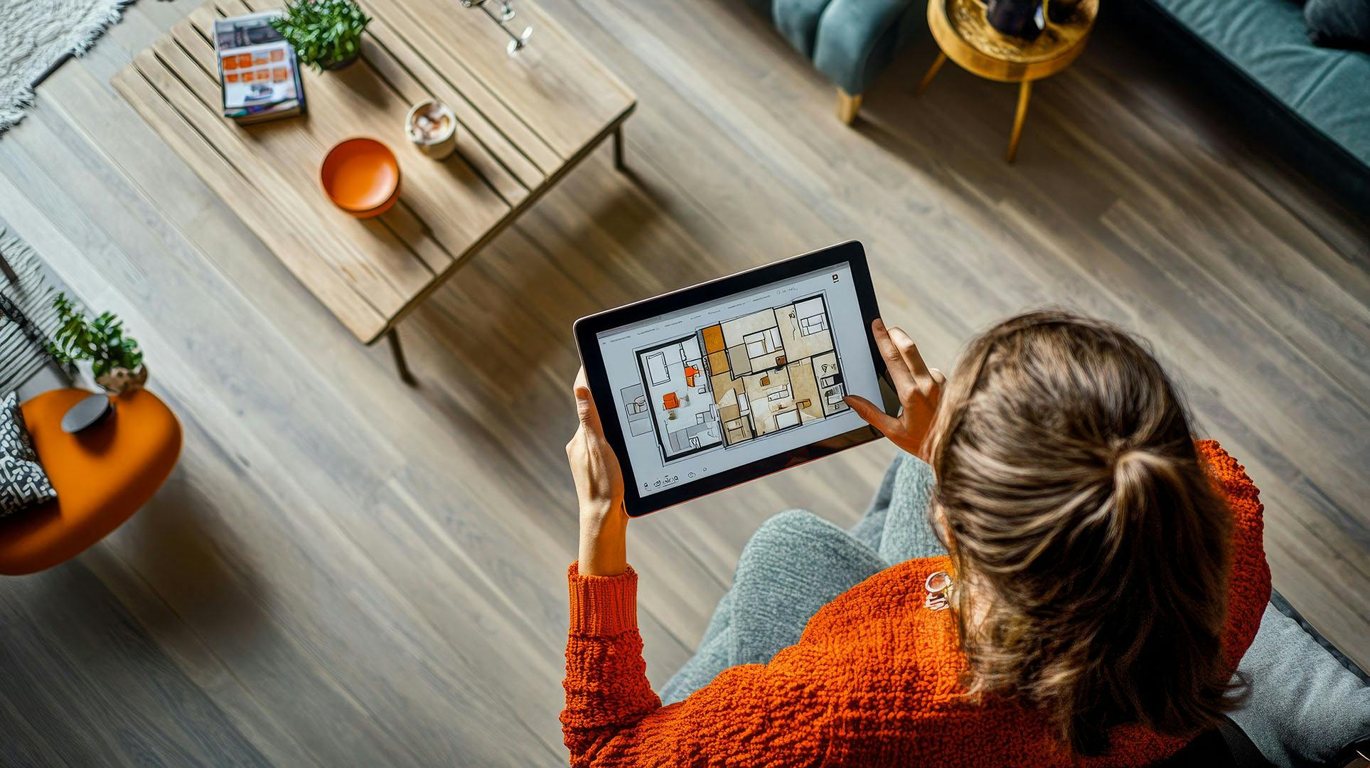 An interior designer reviews a digital floor plan and mood board on a tablet while seated in a comfortable living space, showcasing a creative design process