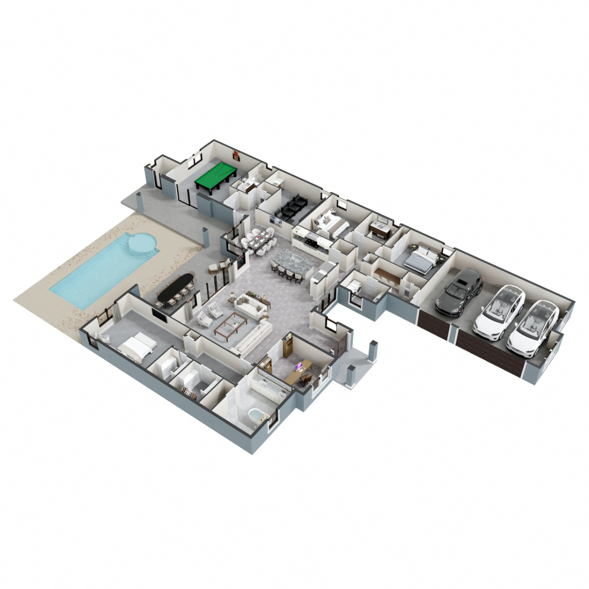 3d floor plan of a house complete with furniture