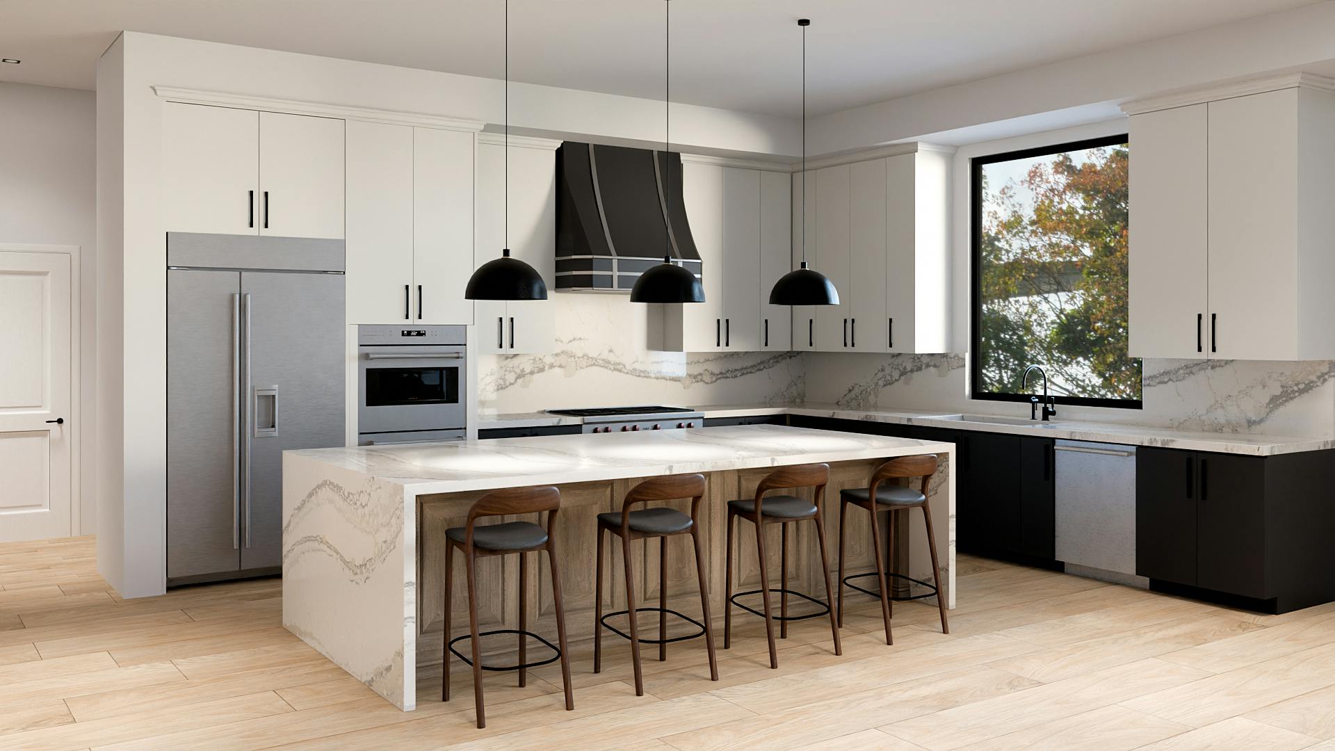 A 3D rendering of a contemporary kitchen