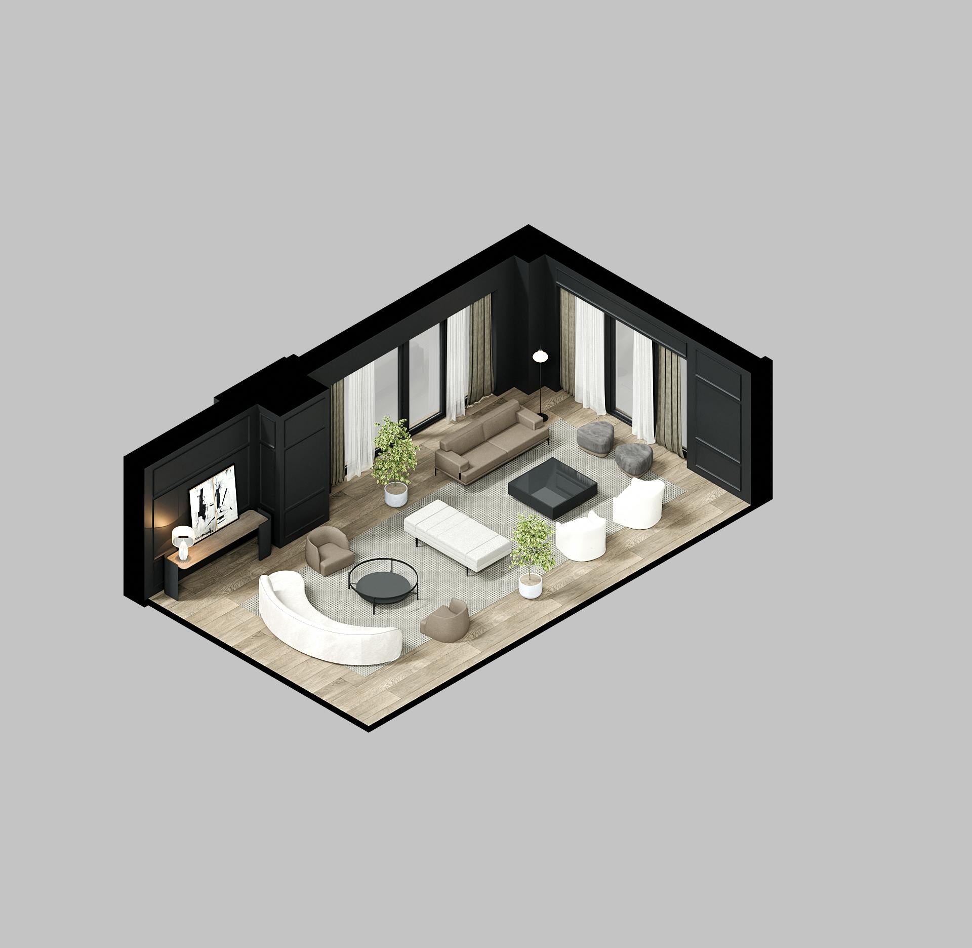 A 3D floor plan of a luxury condo