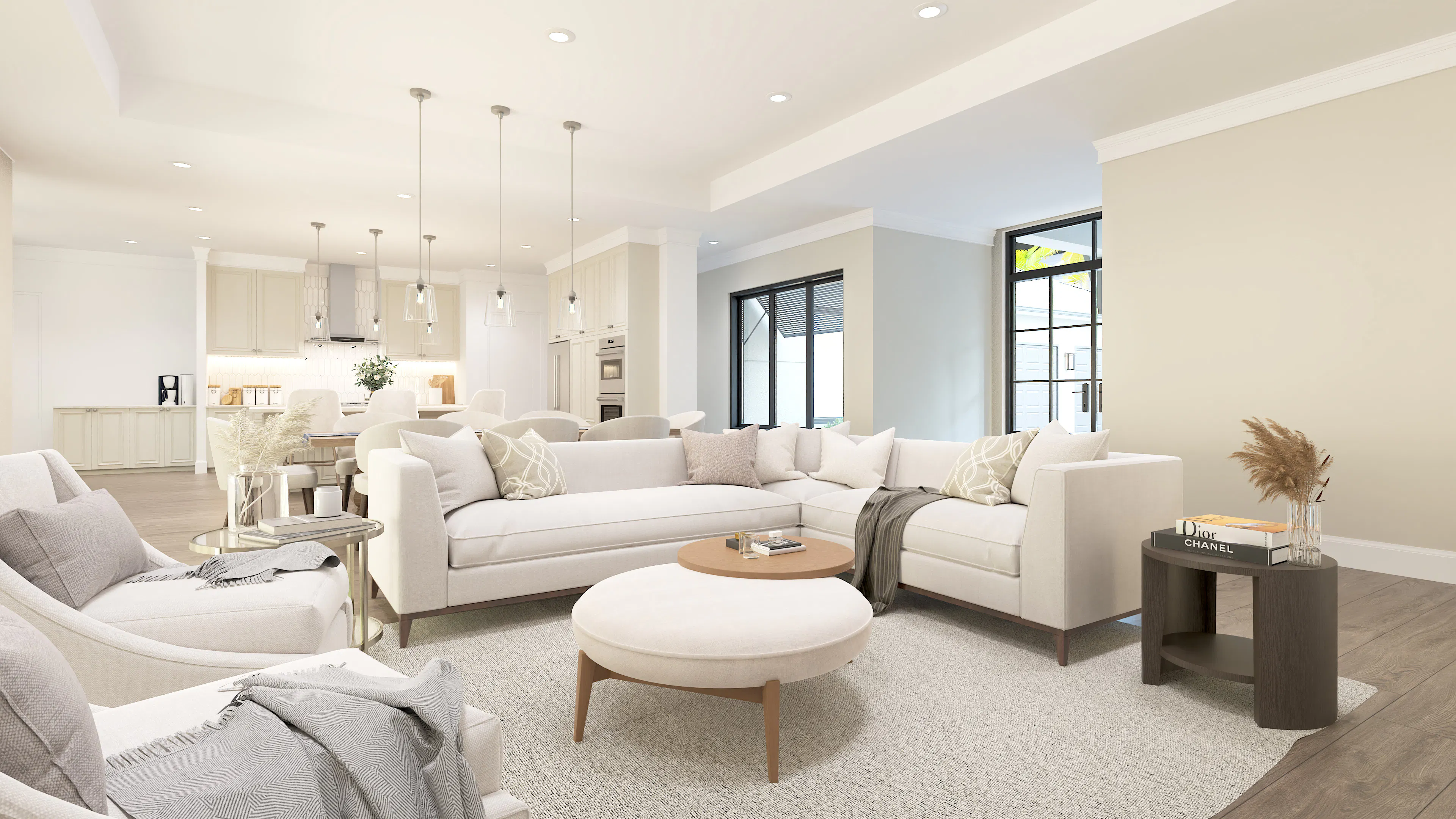A 3D rendering of a contemporary great room