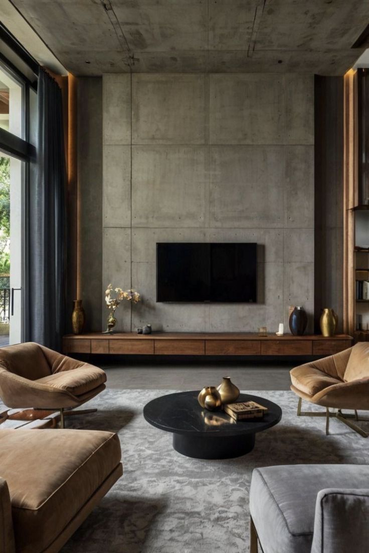 Living rom with faux concrete as accent wall