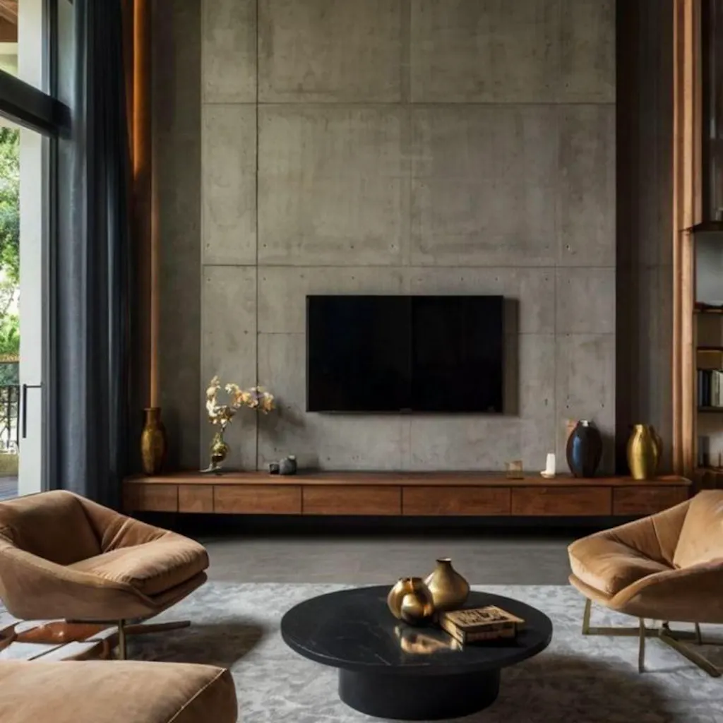 Living rom with faux concrete as accent wall