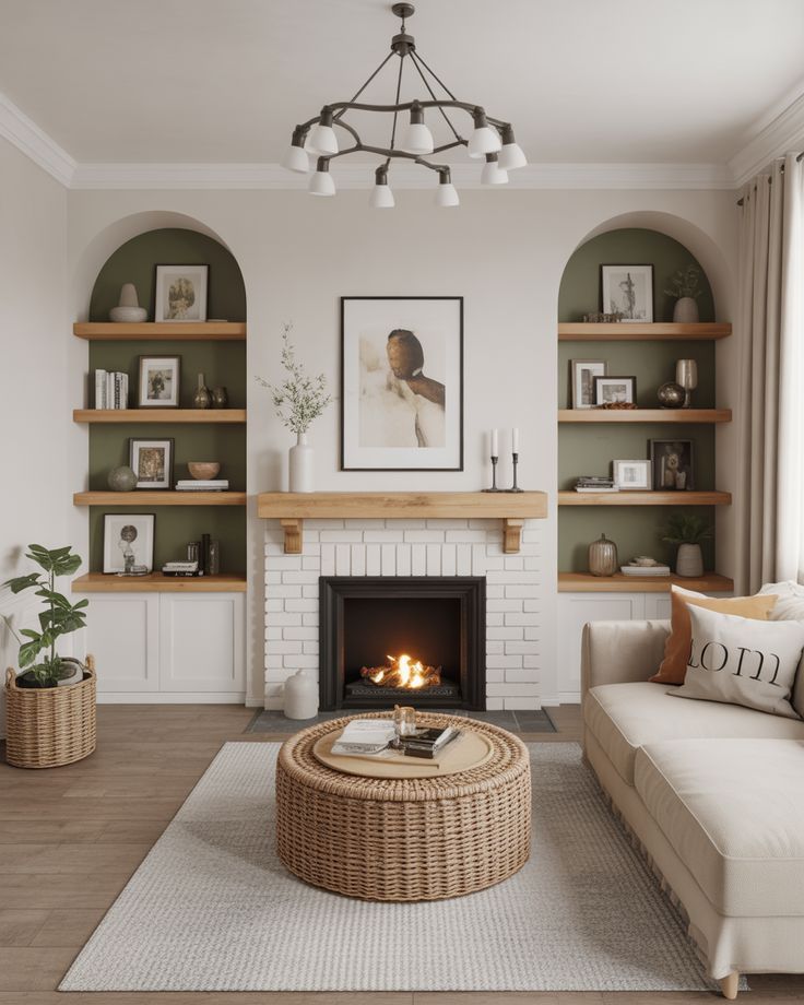 Living room with painted shelves as accent wall