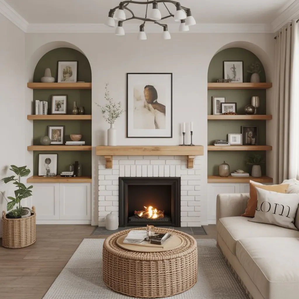 Living room with painted shelves as accent wall