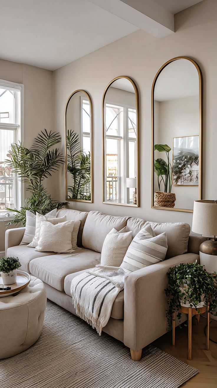 Living room with mirrors as accent walls