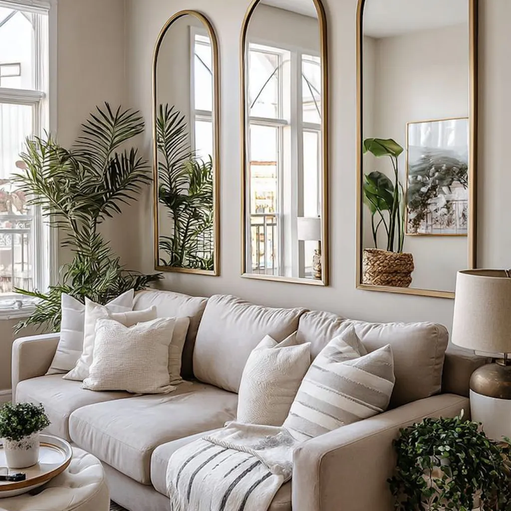 Living room with mirrors as accent walls