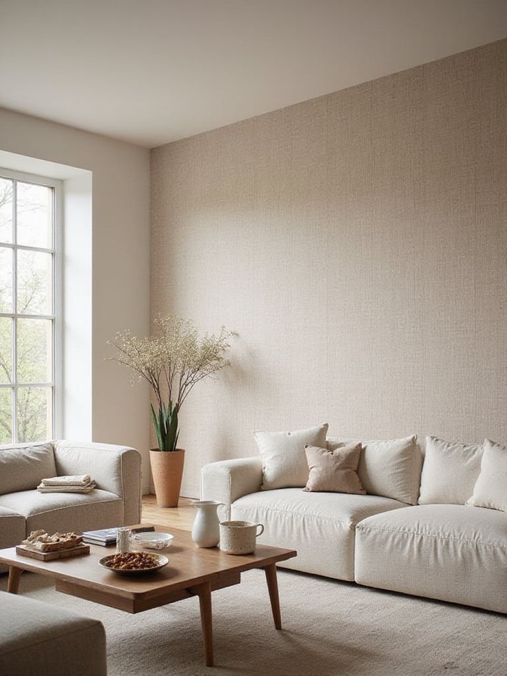 Living room with textured neutrals as accent wall