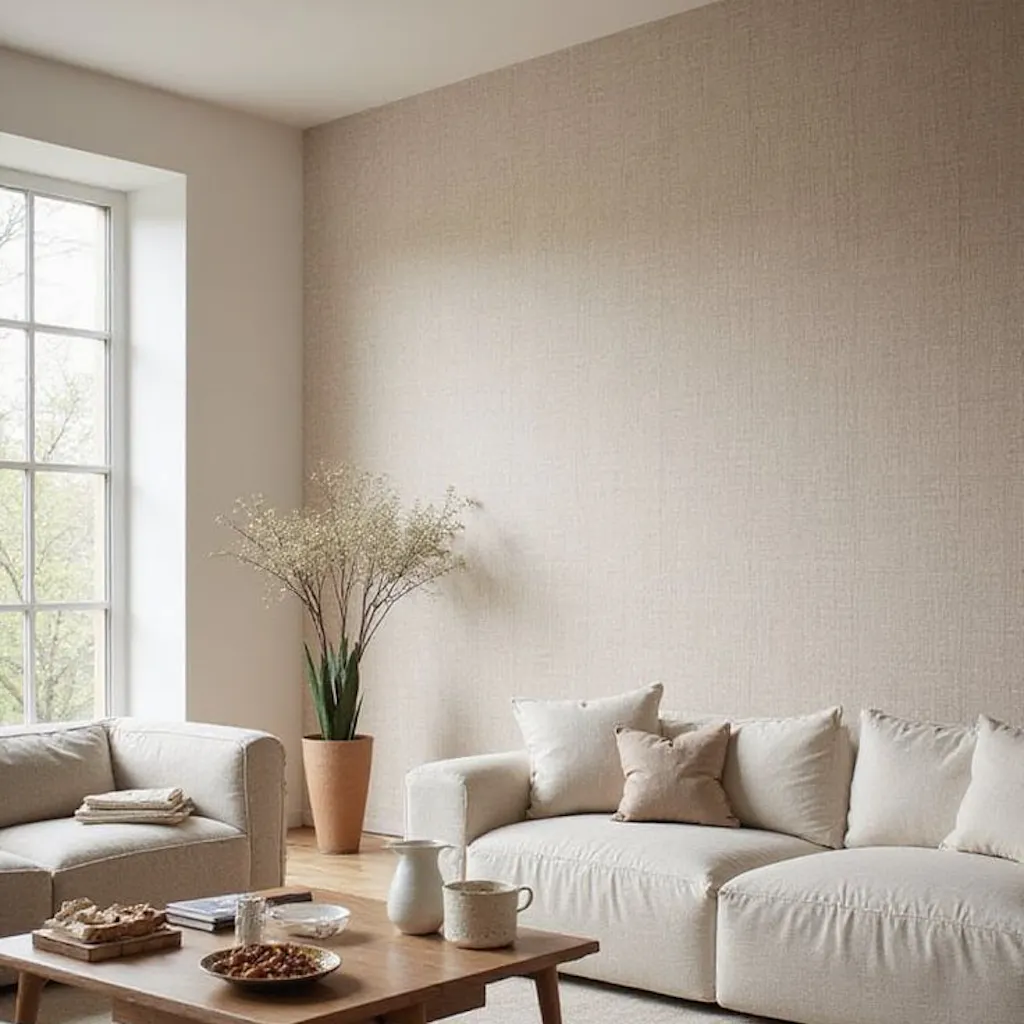 Living room with textured neutrals as accent wall