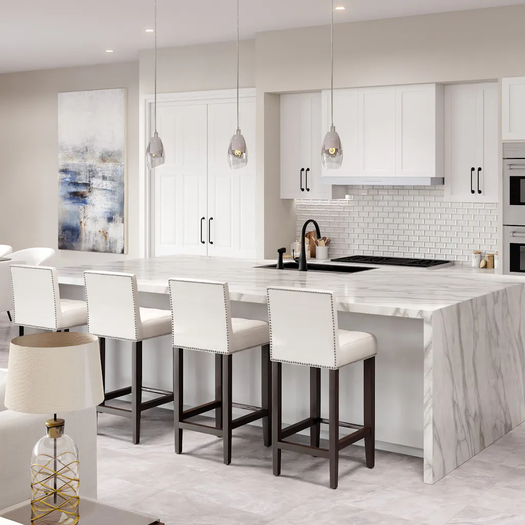 Interior render of a contemporary kitchen and dining