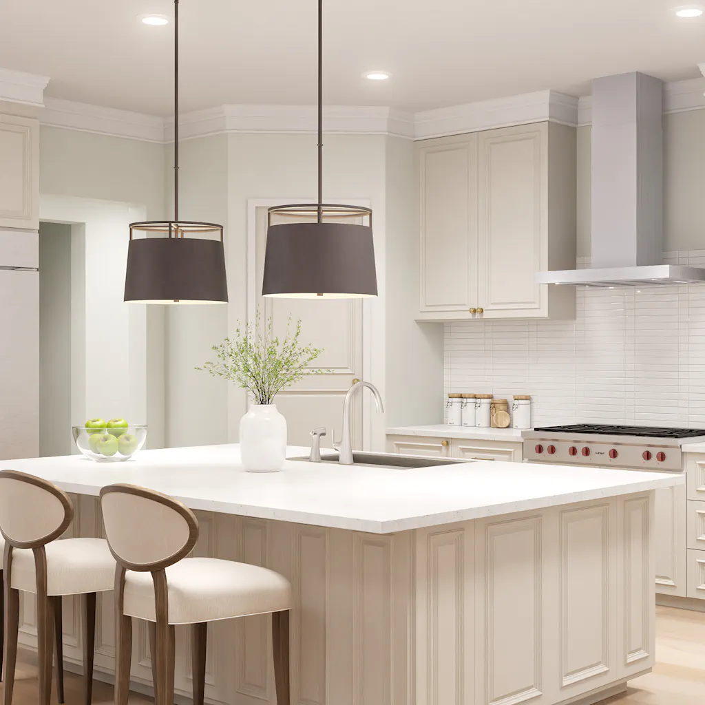 Interior render of a contemporary kitchen and dining