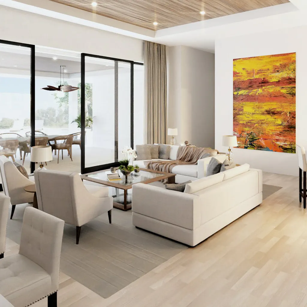 Open-concept living room and dining room design. Interior render for a single-family home by HomeRender