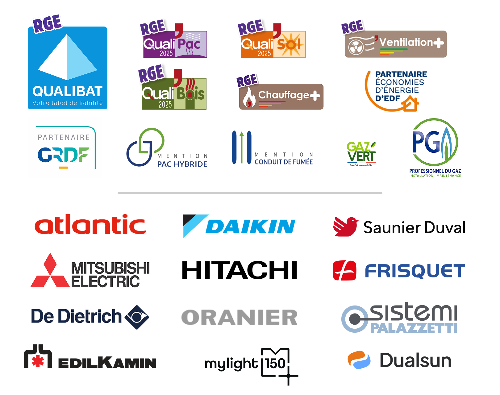 Nos certifications et marques partenaires de chauffage et climatisation - Leprêtre Energies