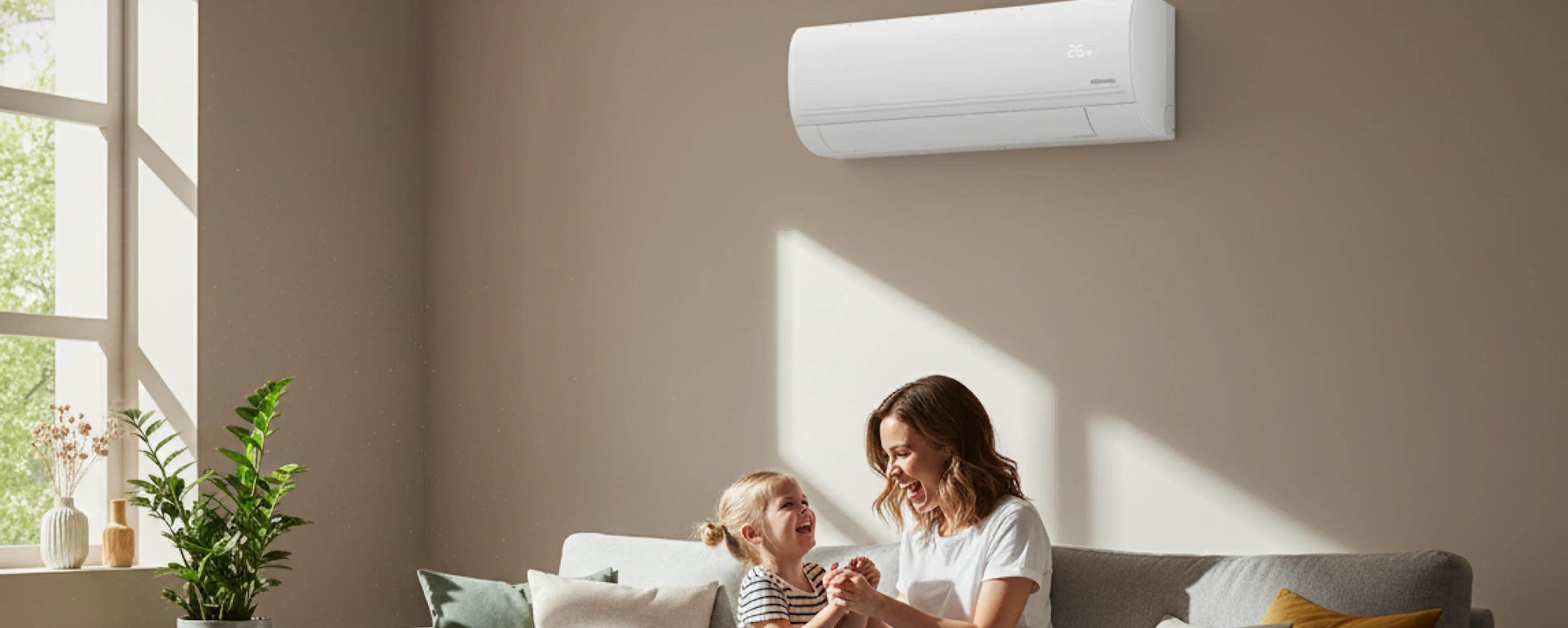 Une mère et sa fille jouent dans le salon lumineux de leur maison, sur le mur derrière elles, un climatiseur Atlantic Murao Smart blanc mat