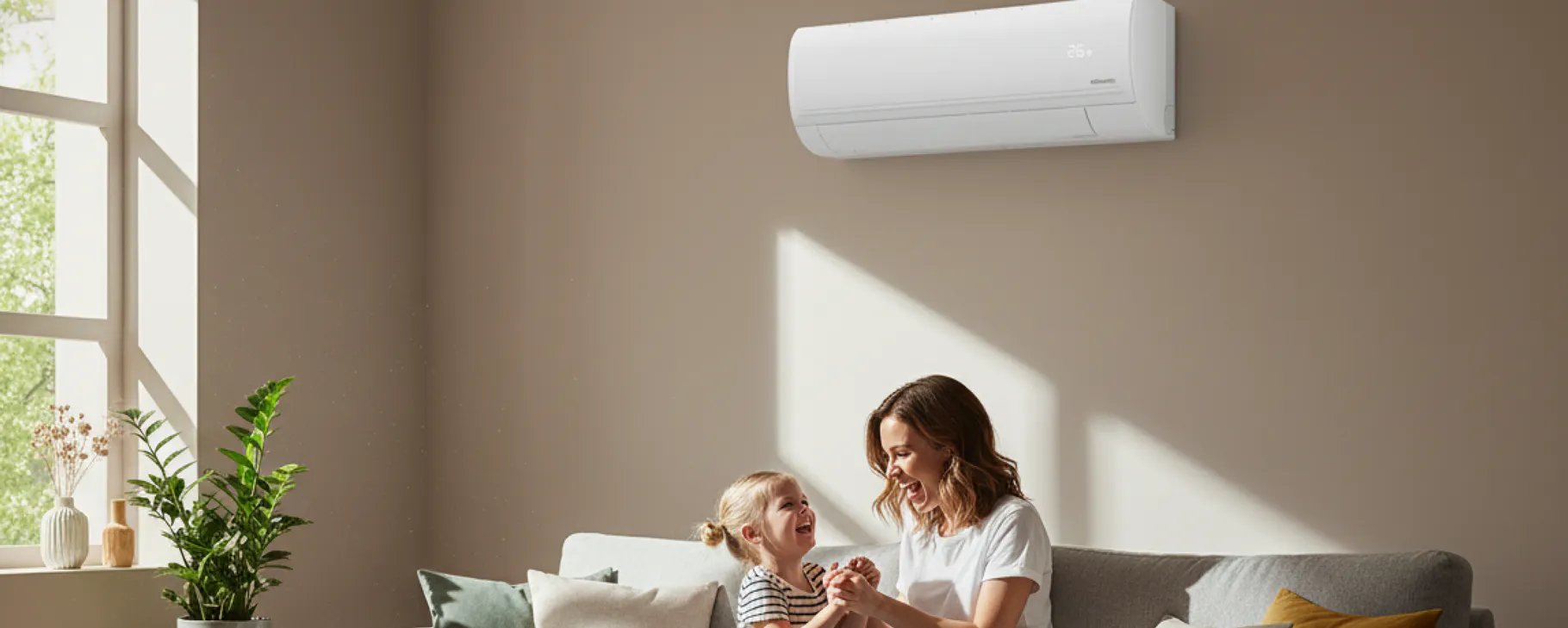 Une mère et sa fille jouent dans le salon lumineux de leur maison, sur le mur derrière elles, un climatiseur Atlantic Murao Smart blanc mat
