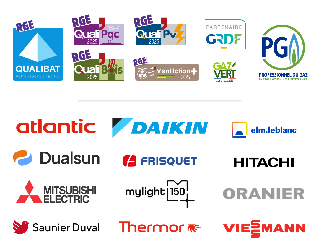 Nos certifications RGE et marques partenaire : Viessmann, Hitachi, ELM, Saunier-Duval