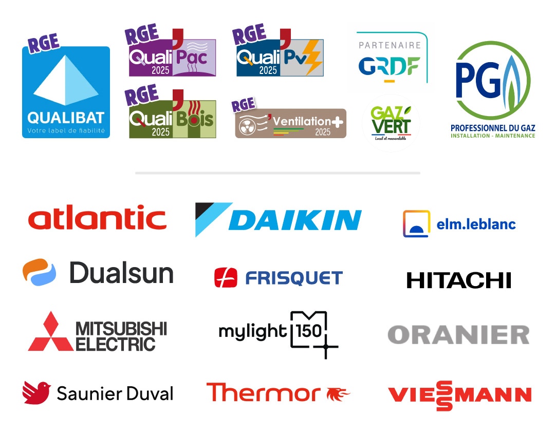 Nos certifications RGE et marques partenaire : Viessmann, Hitachi, ELM, Saunier-Duval