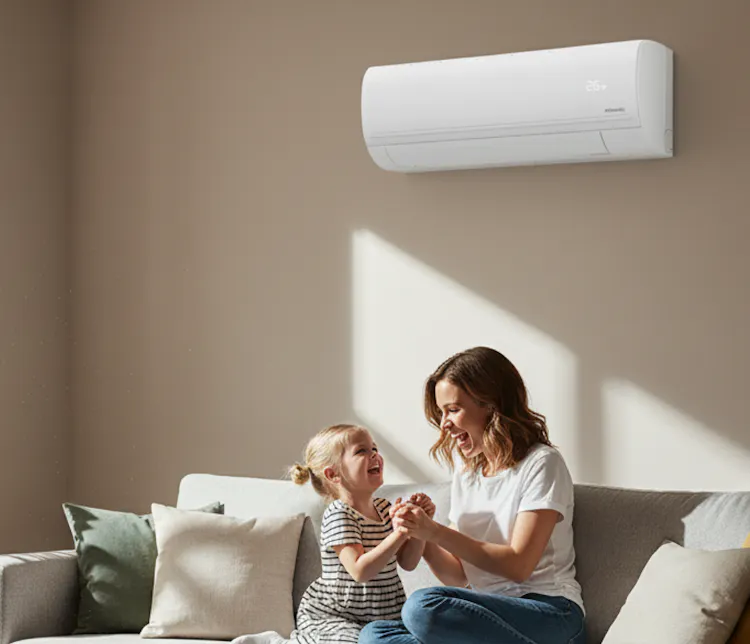 Une mère et sa fille jouent dans le salon lumineux de leur maison, sur le mur derrière elles, un climatiseur Atlantic Murao Smart blanc mat