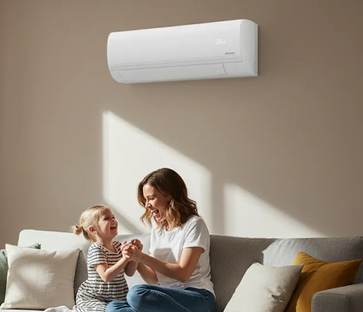 Une mère et sa fille jouent dans le salon lumineux de leur maison, sur le mur derrière elles, un climatiseur Atlantic Murao Smart blanc mat