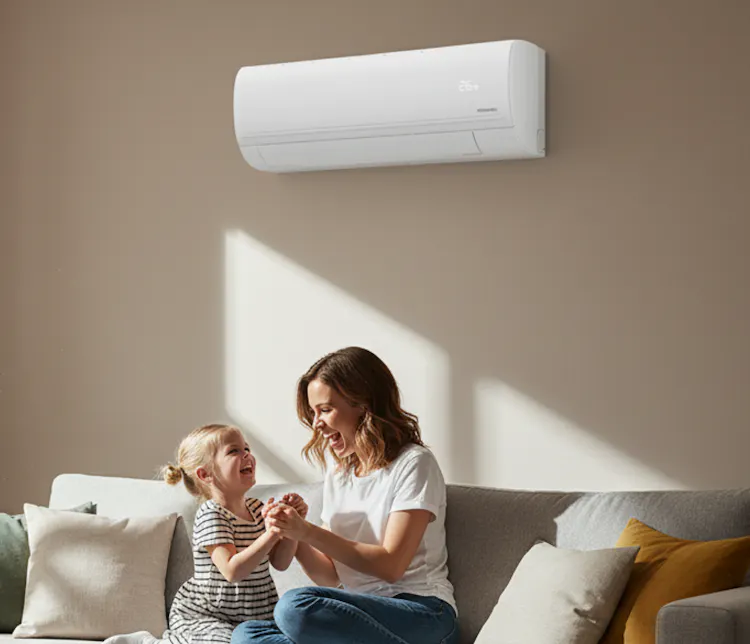 Une mère et sa fille jouent dans le salon lumineux de leur maison, sur le mur derrière elles, un climatiseur Atlantic Murao Smart blanc mat