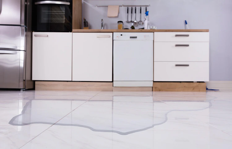Fuite d'eau sur carrelage blanc devant un lave-vaisselle dans une cuisine