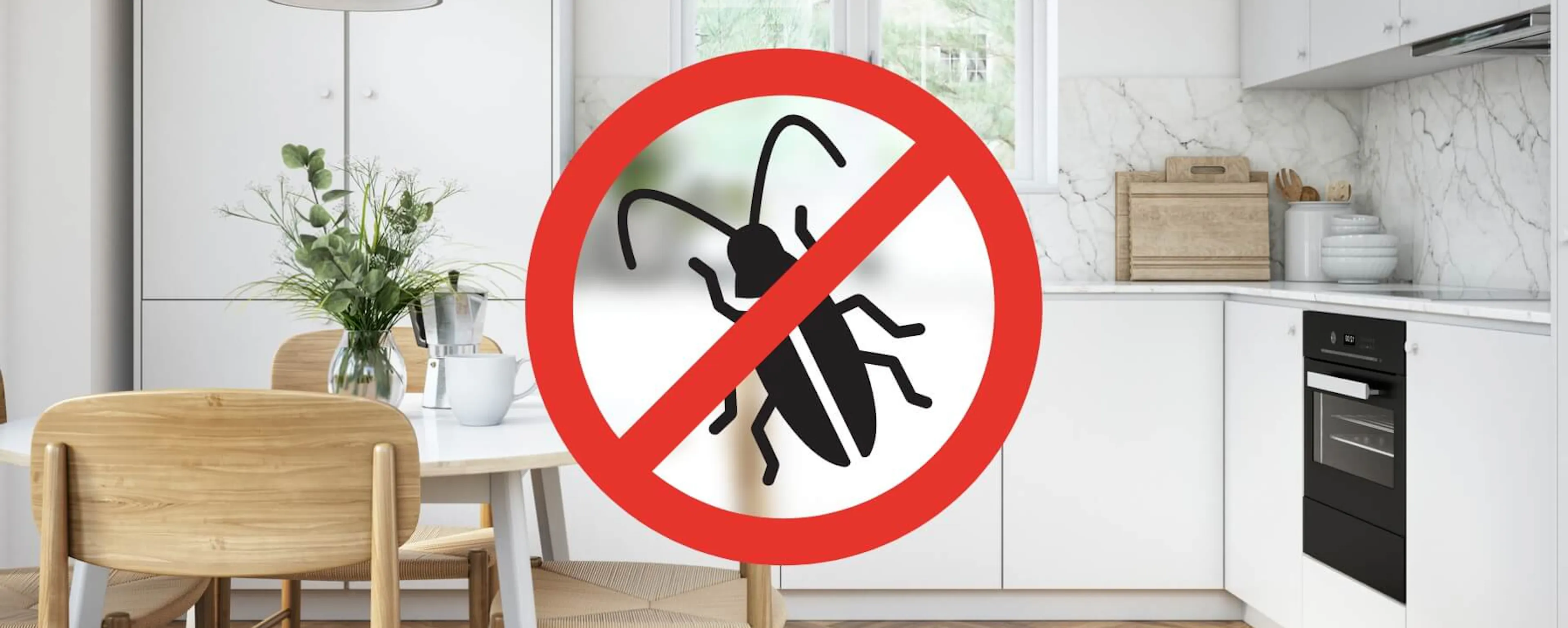 Cuisine blanche avec panneau interdiction nuisibles superposé
