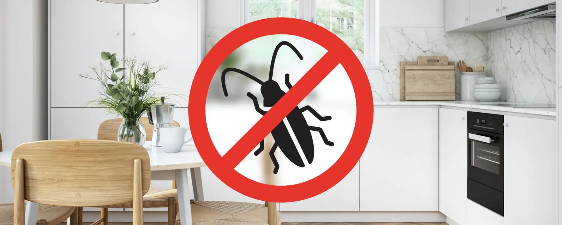 Cuisine blanche avec panneau interdiction nuisibles superposé