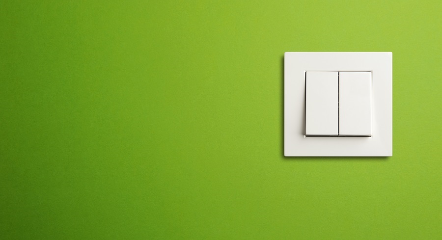 Interrupteur électrique double blanc sur mur vert