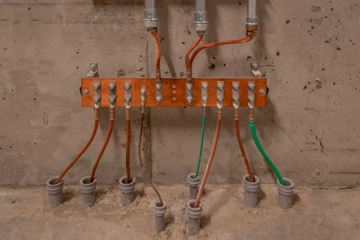 Tableau de distribution électrique avec câbles colorés sur un mur en béton