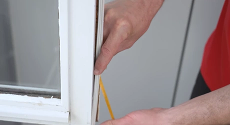 Main testant le joint d'étanchéité d'un bord de fenêtre blanche