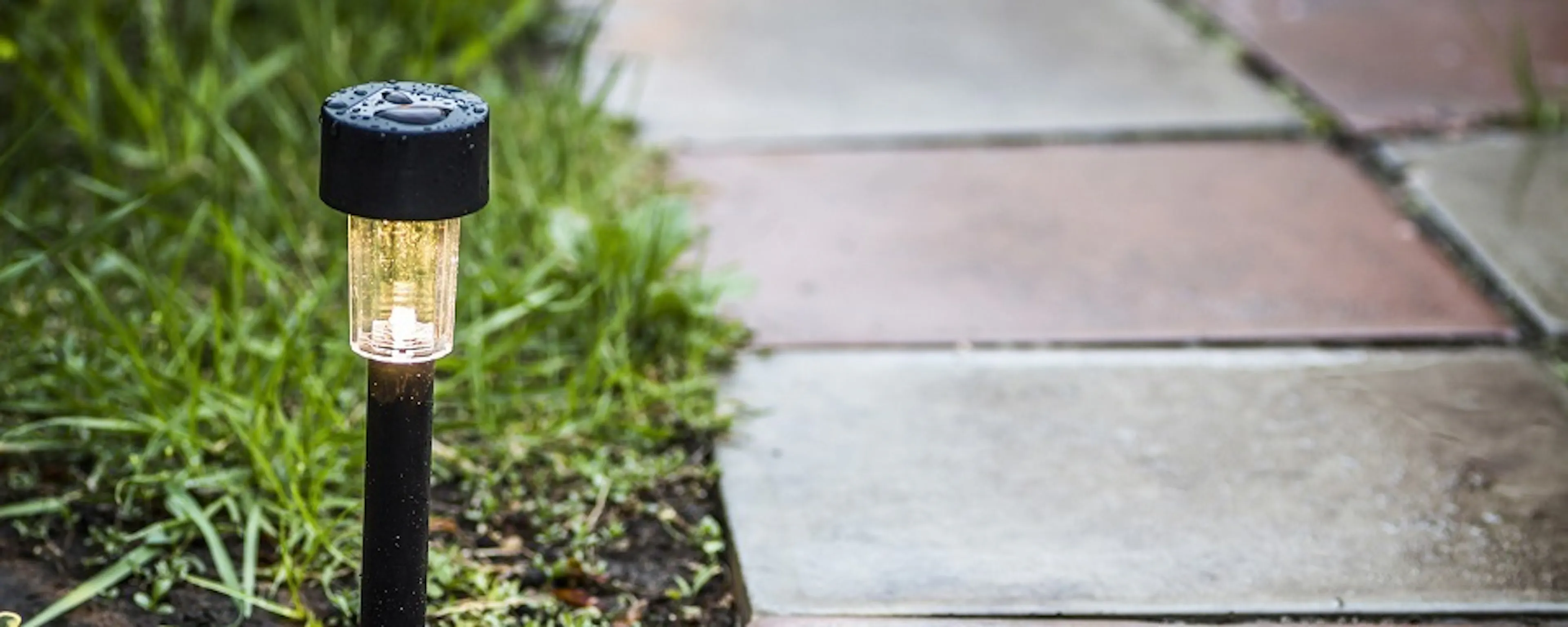 Borne solaire lumineuse plantée dans un jardin le long d'une allée