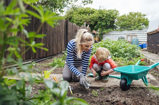 Mère et enfant jardinent ensemble dans un potager avec brouette verte