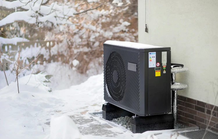 Pompe à chaleur extérieure installée contre un mur enneigé