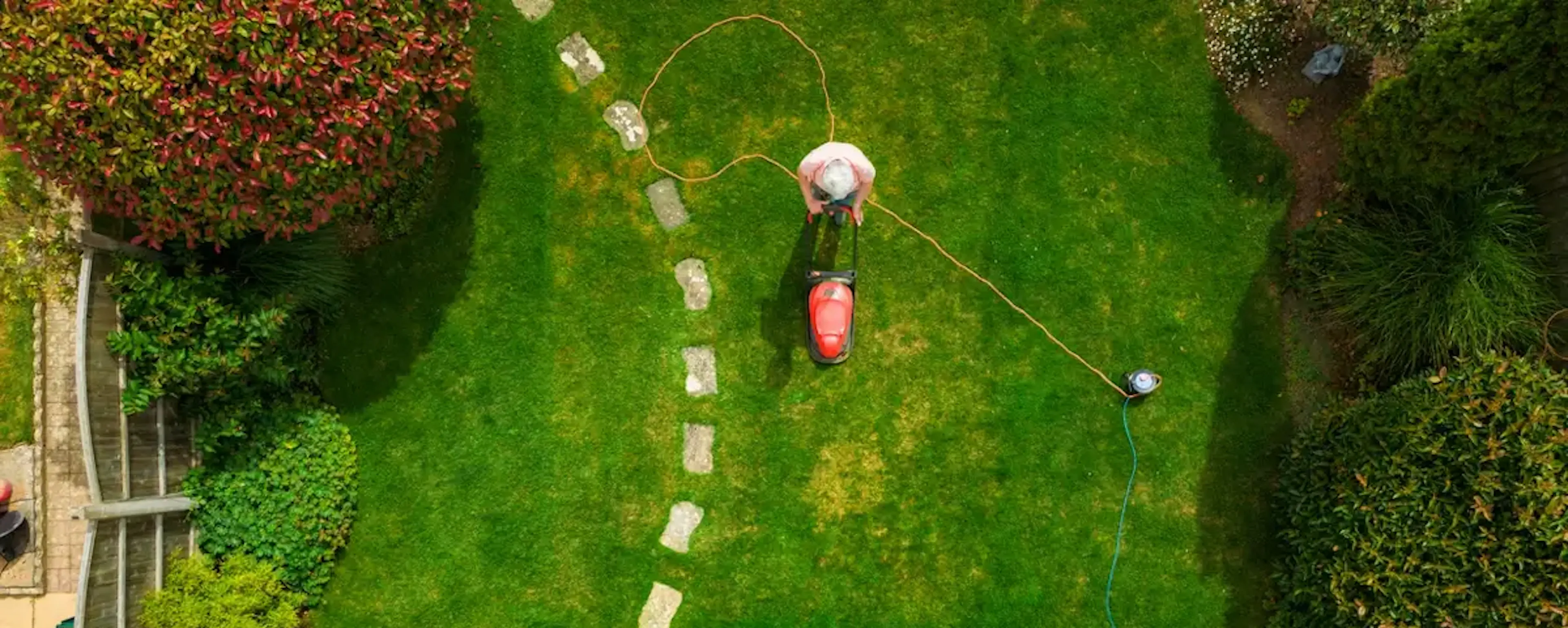 Vue aérienne d'un jardin verdoyant avec une tondeuse à gazon