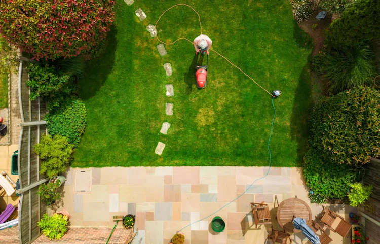 Vue aérienne d'un jardin verdoyant avec une tondeuse à gazon