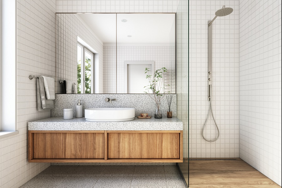 Salle de bain moderne avec meuble en bois vasque et douche à l'italienne