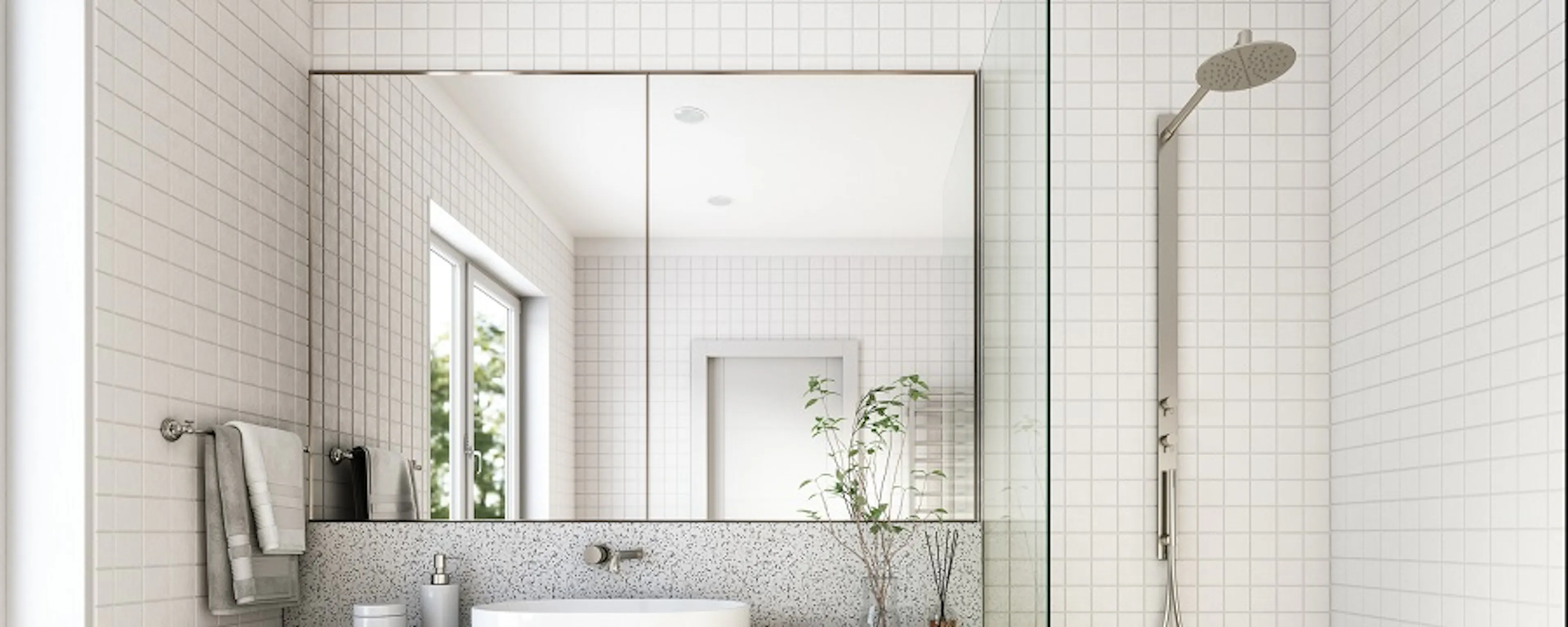 Salle de bain moderne avec meuble en bois vasque et douche à l'italienne
