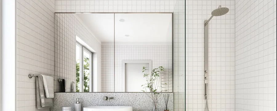 Salle de bain moderne avec meuble en bois vasque et douche à l'italienne