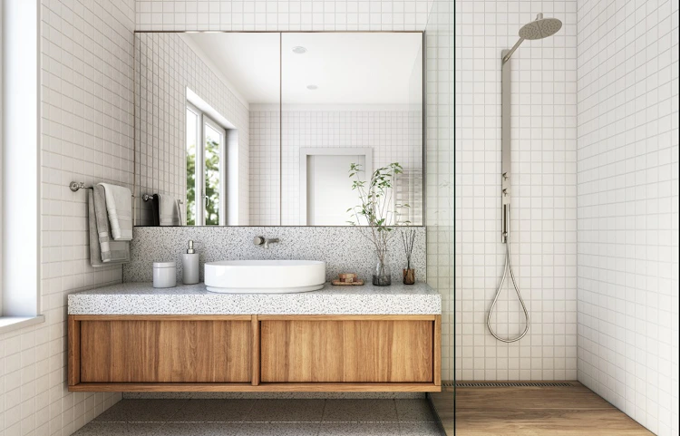 Salle de bain moderne avec meuble en bois vasque et douche à l'italienne