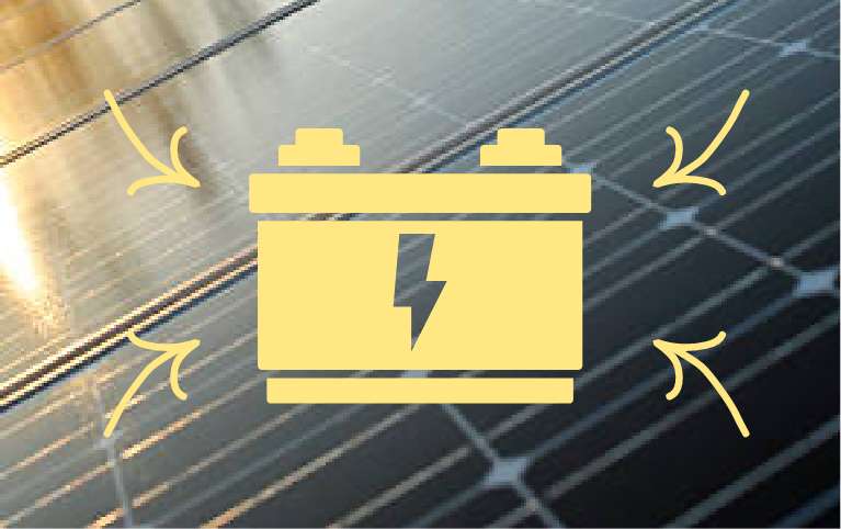 Icône de batterie jaune sur fond de panneaux solaires