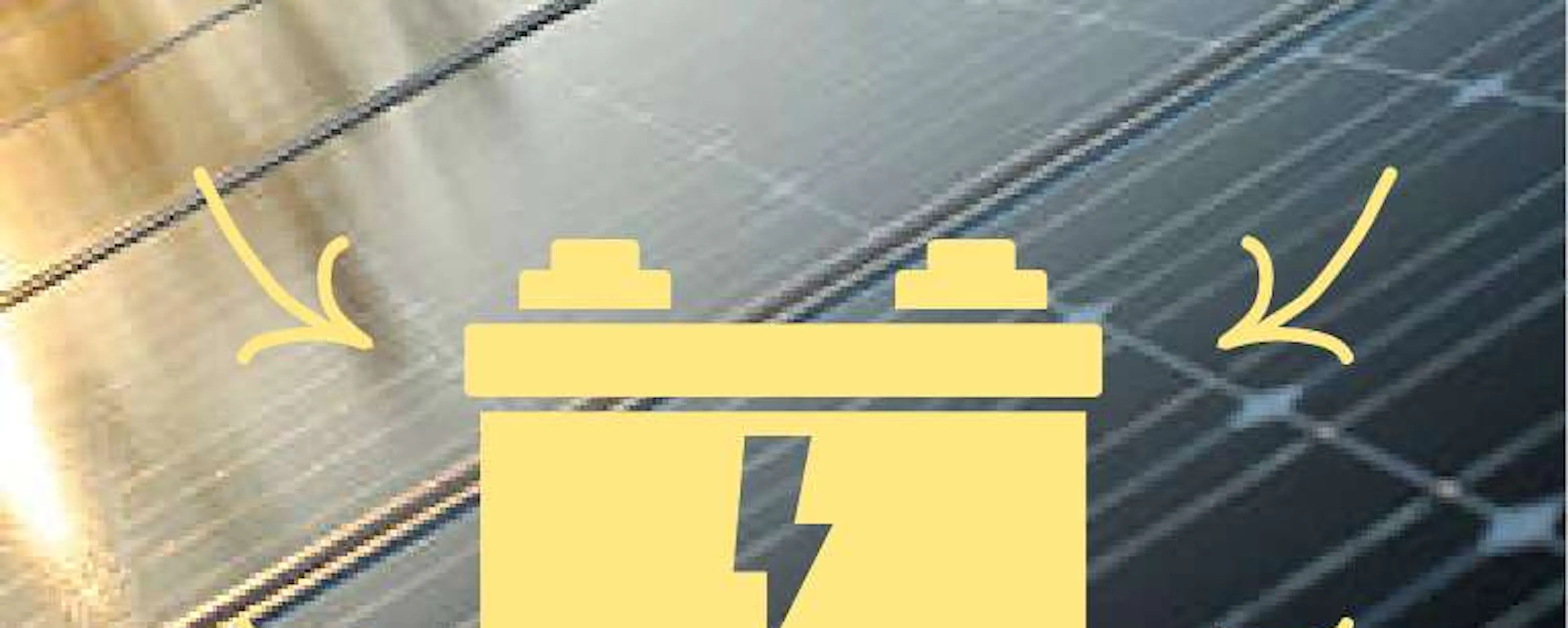 Icône de batterie jaune sur fond de panneaux solaires