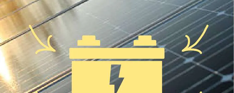 Icône de batterie jaune sur fond de panneaux solaires