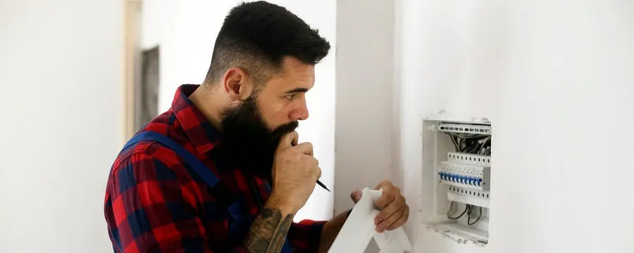Technicien barbu inspectant un tableau électrique mural qui fait du bruit